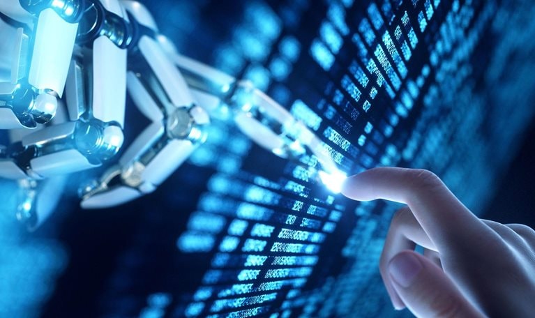 Digital generated image of robot's hand touching human's hand through transparent digital panel with numbers on black background