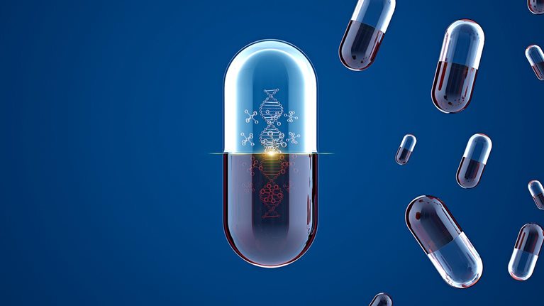 3d conceptual image of a central pill capsule structures with representations of molecules and DNA inside it and multiple similar pills floating next to it.