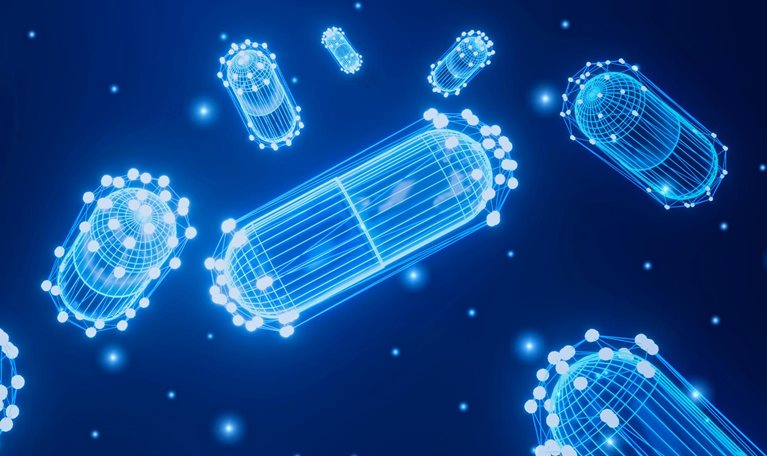 Abstract futuristic pills wireframe and capsule on glowing blue background