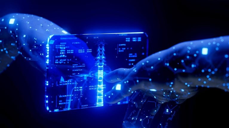 Two translucent hands interact with a futuristic, transparent screen displaying a glowing blue image of a human spine and medical data. The scene is dark, emphasizing the luminescence of the technology.