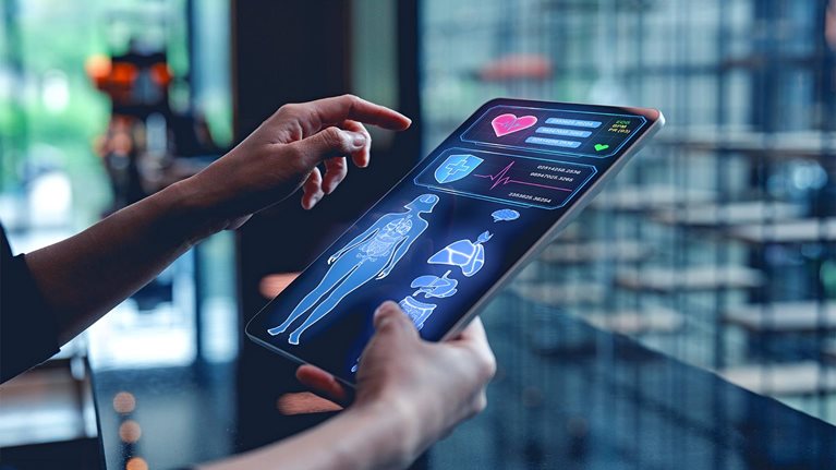 A person using a tablet displaying health data and statistics, indicating advanced technology in healthcare and personal wellness.