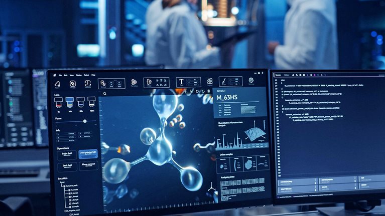 Laboratory with computers showing molecular modeling software and scientists working in the background