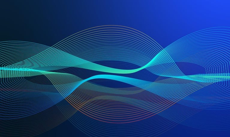 Undulating lines in shades of blue, green, and orange against a dark blue background.