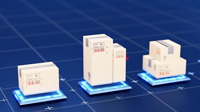Three batches of cardboard shipping boxes placed on glowing blue platforms arranged across a grid-like digital surface. Red scanning indicators highlight barcodes on the boxes, suggesting an automated technology-driven logistics system.