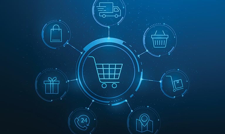 This image is a digital graphic representing a technology retail or e-commerce business concept. It features central icons for online shopping, shipping, and customer service on a blue technological background.