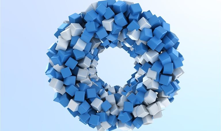 Blue and white 3D cubes form a circle