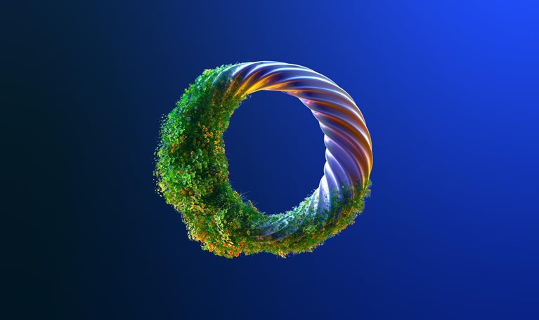 Digital generated image of abstract torus with growing plants on it against pink background.