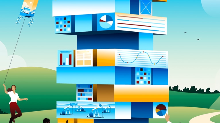People using blocks representing data and energy to build a house and fly kites. - illustration