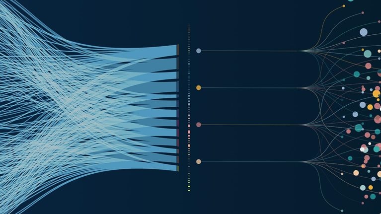 This image is a data visualization showcasing data integration and analysis. It illustrates complex data streams being consolidated and processed.