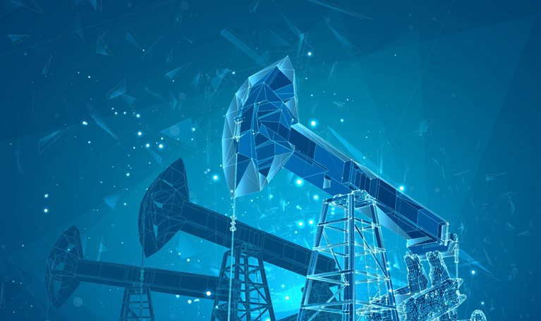 Oil derrick. vector 3d object. mining of minerals. abstract explosion of particles.