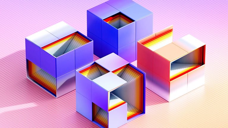 3D image of colorful futuristic cubes that have sections you can see into where there are nested cubes evolving inside.