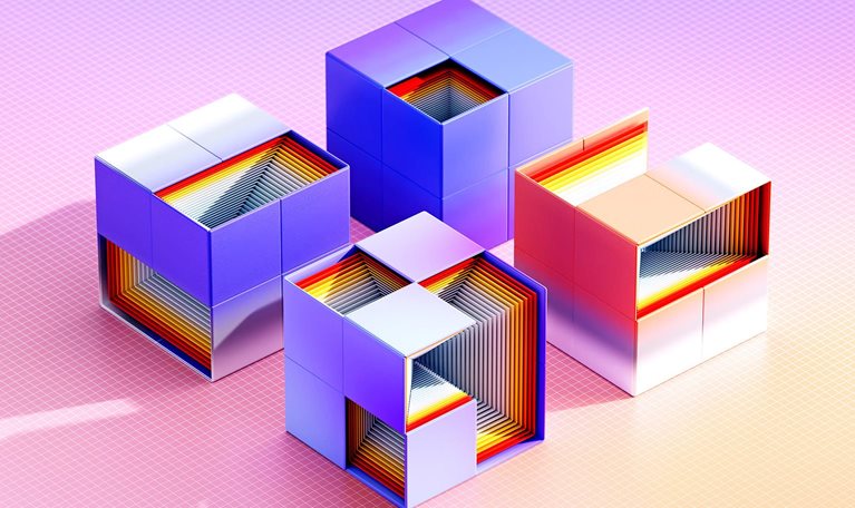 3D image of colorful futuristic cubes that have sections you can see into where there are nested cubes evolving inside.