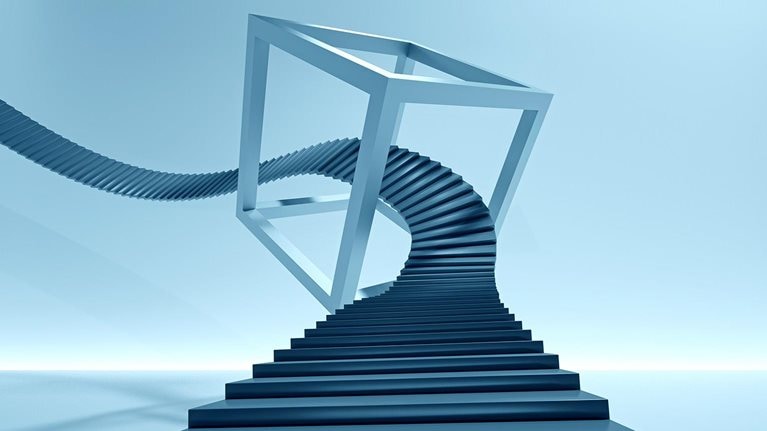 Abstract image of stairs twisting and spiraling through a cube