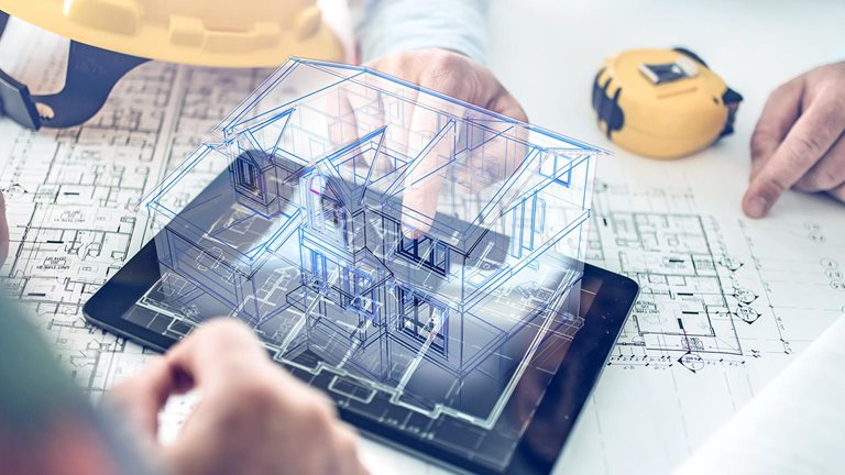 Architect and a client looking at the hologram of a building project projected over a tablet computer.