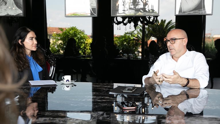 Alfonso Dolce sits at a large table at Dolce&Gabbana’s offices in Milan, Italy to discuss the luxury brand’s business.
