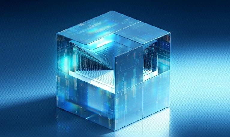 A translucent digital cube reveals a nested internal structure of glowing blue lines and pathways.