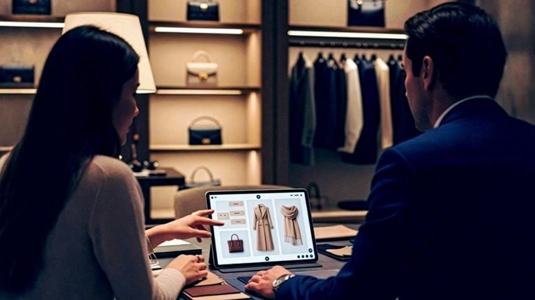 AI generated image of a customer and sales adviser reviewing curated fashion items in a luxury retail salon.
