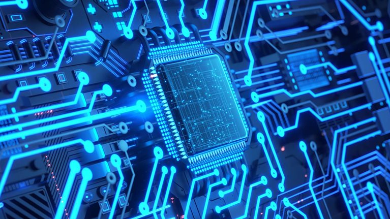 Futuristic mechanical circuit board with a digital data flowing.