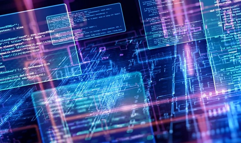 Abstract visualization of floating programming code windows on a glowing cyber grid