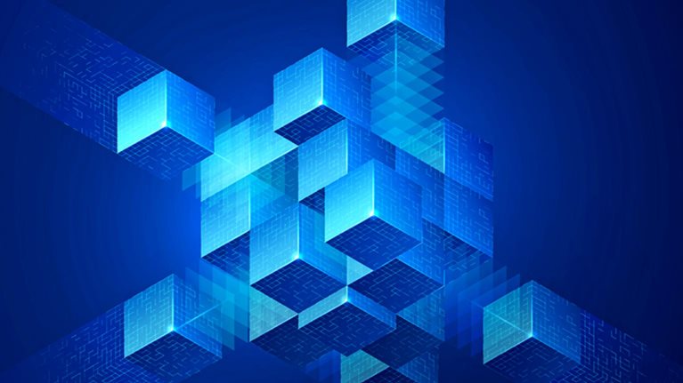 Glowing blue digital cubes form an interconnected three-dimensional network.