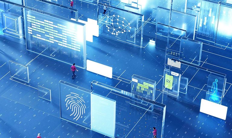 People walk among large floating digital interfaces displaying data, diagrams, and biometric visuals in a futuristic, technology-driven virtual environment.