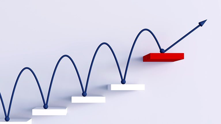 A blue line bouncing upward across a series of ascending white platforms, ending on a red platform with an arrow pointing upward