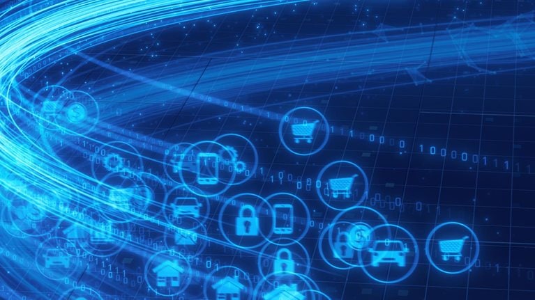 Abstract image of network structure changing to particle data, plexus, binary, and GUI applications.