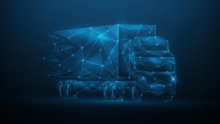 Logistics low poly wireframe on blue dark background. delivery truck consist of lines, dots and triangle. business worldwide shipping. cargo technology. - stock illustration