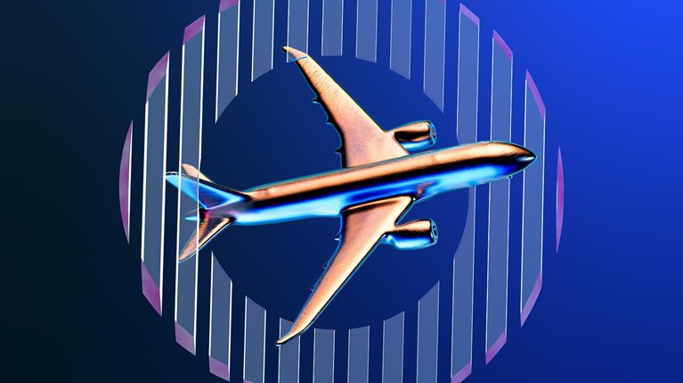 A sliver airplane flies through an abstract circle in the sky