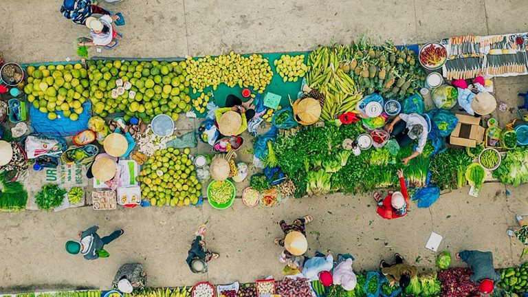 Aerial scene of a rural market in Vi Thanh city