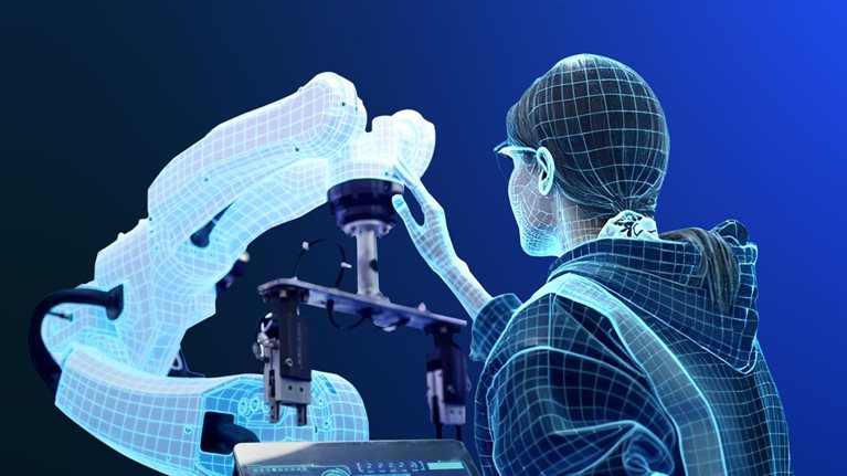 A woman depicted in a glowing blue digital wireframe style interacts with an industrial robotic arm, adjusting its components via a tablet. She is wearing a heavy manufacturing style jacket and the scene is set against a dark blue gradient background.