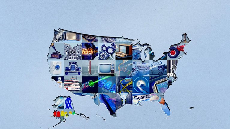 A cutout silhouette of the United States filled with a collage of photographs representing American technological innovations spanning 250 years. Inside the map are images of inventions and advancements such as vintage cars and televisions, farm equipment, computer chips, servers, DNA strands, medical scanners, and digital technology, symbolizing America’s technological progress and competitive edge.