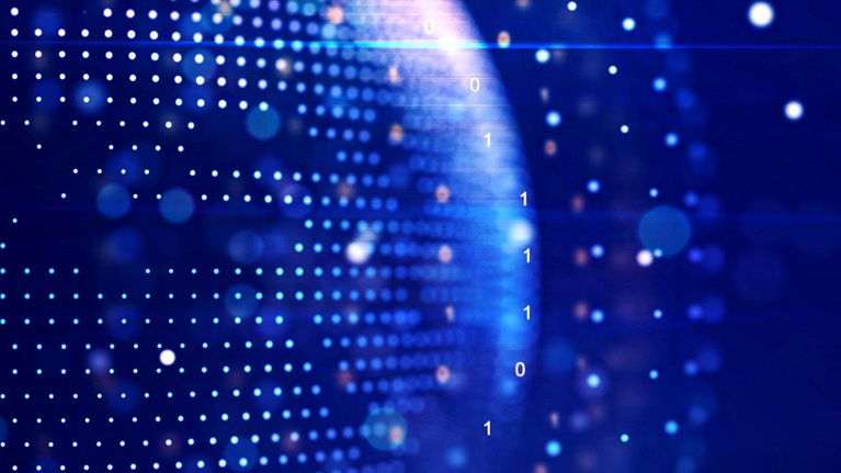 Abstract graphic world map illustration on blue background, big data and networking concept