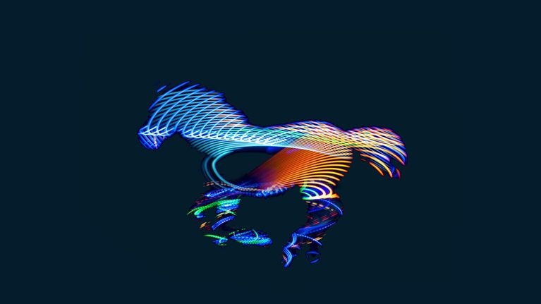 A running horse, portrayed in profile, is illustrated using beams of light. The light consists of blue and orange hues, highlighted by touches of green and purple, contrasting against a deep navy blue backdrop.