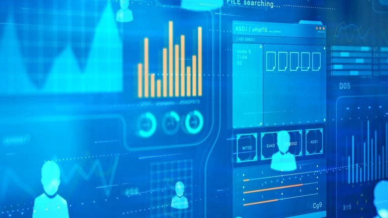 The image depicts a digital interface with data visualizations and user profile icons, symbolizing data analytics, networked systems, or digital health technology