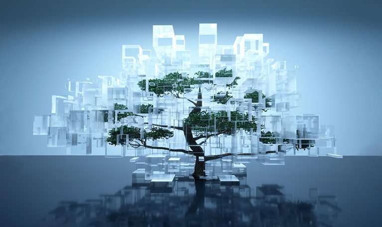 Digitally generated image of a tree inside glass containers on a blue background