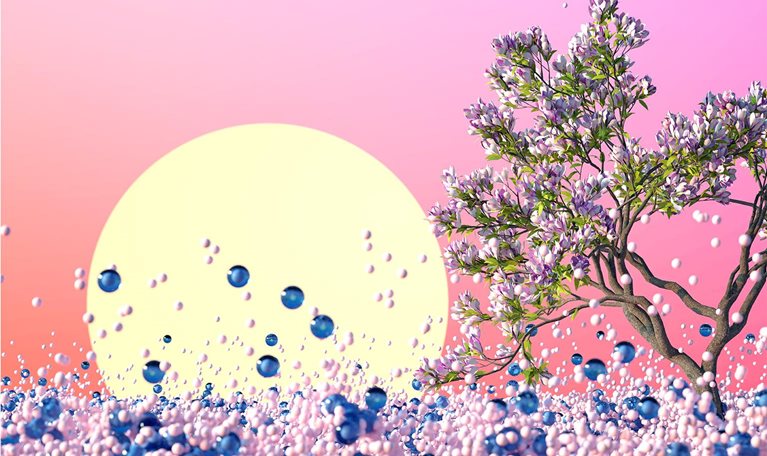 Image of a surreal landscape with a large sunrise and magnolia with blue and white bouncing balls.