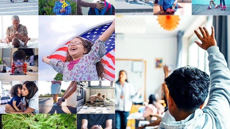 A video-style collage shows children, caregivers, housing, education, and play, illustrating life stages from birth to first-time homeownership and how upward economic mobility can positively impact a person’s life.