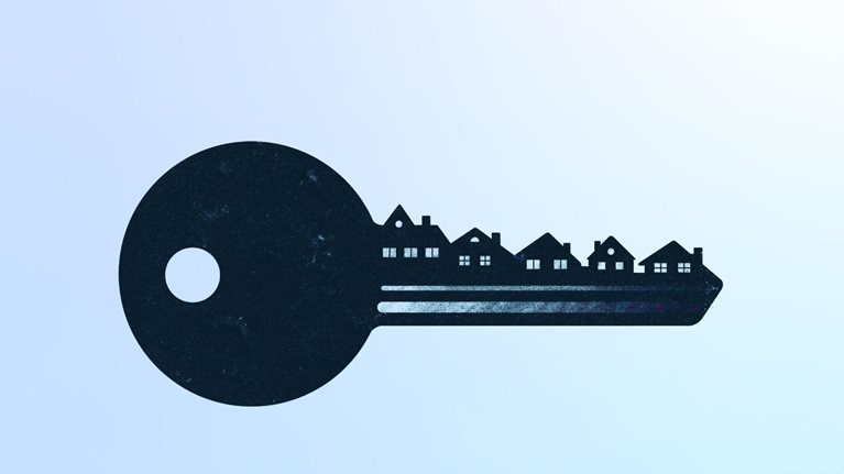 A dark blue outline of a key with a bit made up of a line of houses of different sizes, implying property ownership and the housing market. The key is contrasted against a pale blue backdrop.