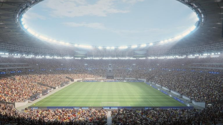 Day Aerial View of a Soccer Stadium During a Championship Match. the Field Is Surrounded by Enthusiastic Fans. Big Event with Happy Crowd.
