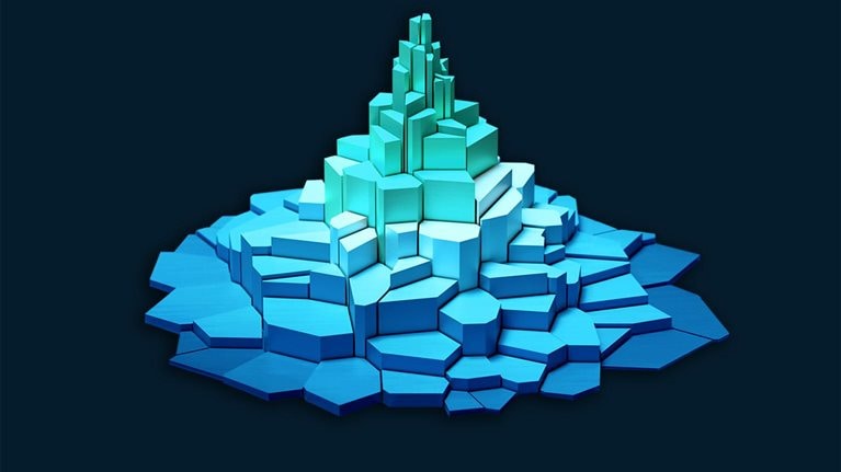 Digital generated image of 3D structure composed of hexagonal blocks arranged in a tiered formation, resembling a small mountain or tower