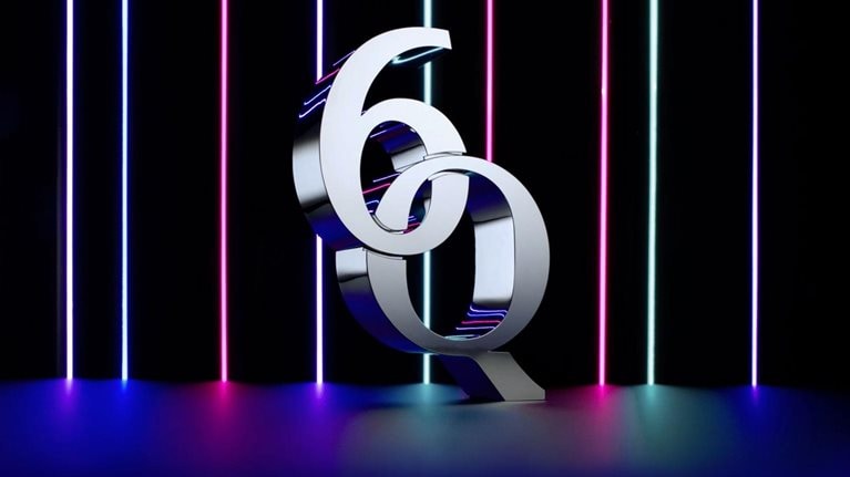 Rainbow lasers flashing down over '6Q' to illustrate McKinsey Quarterly's 60th year