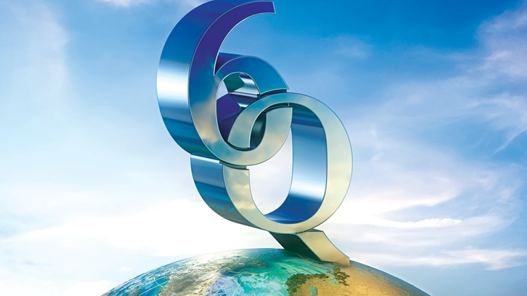 '6Q' logo atop a globe