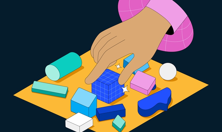 An illustration of a hand reaching out among objects of various shapes and colors.